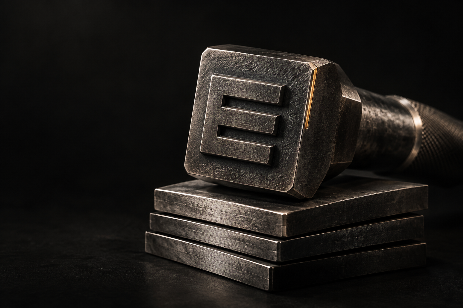 Machined steel stamp resting on layered evidence plates